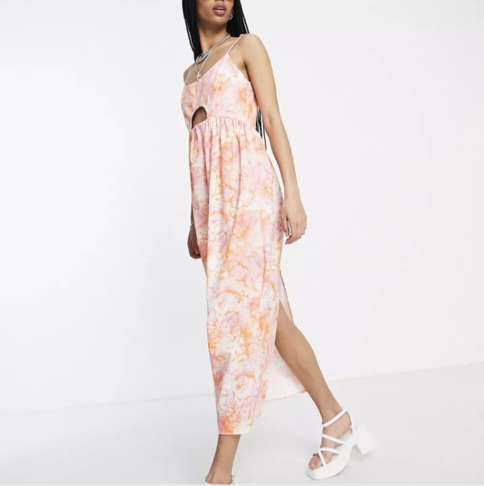 Topshop Dress 14 Pink Orange Sleeveless Maxi Midi Cutout Poplin - Picture 3 of 12